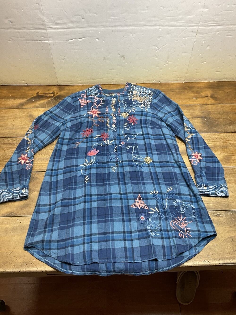 JOHNNY WAS Blue Plaid Flannel Embroidered Tunic Dress Size Small